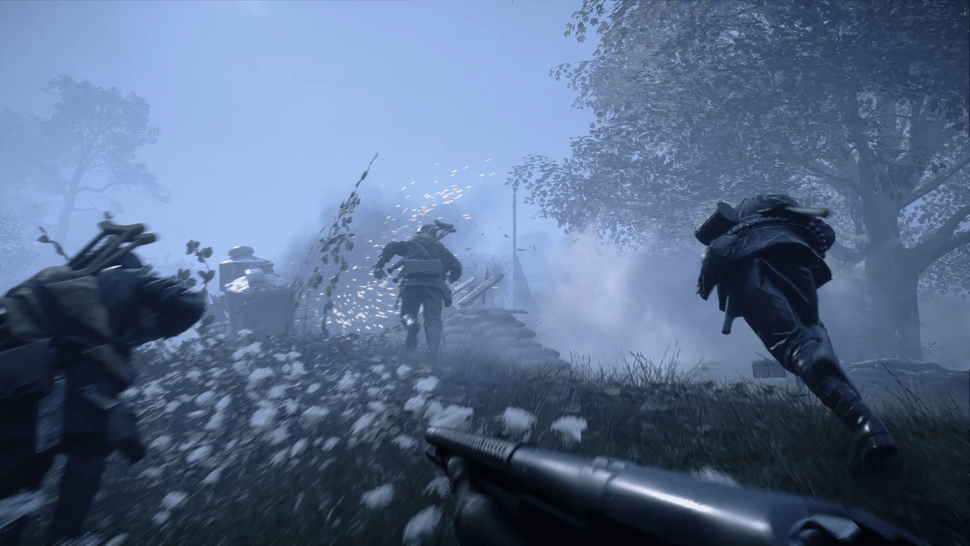 First-person battlefield scene with soldiers advancing through fog